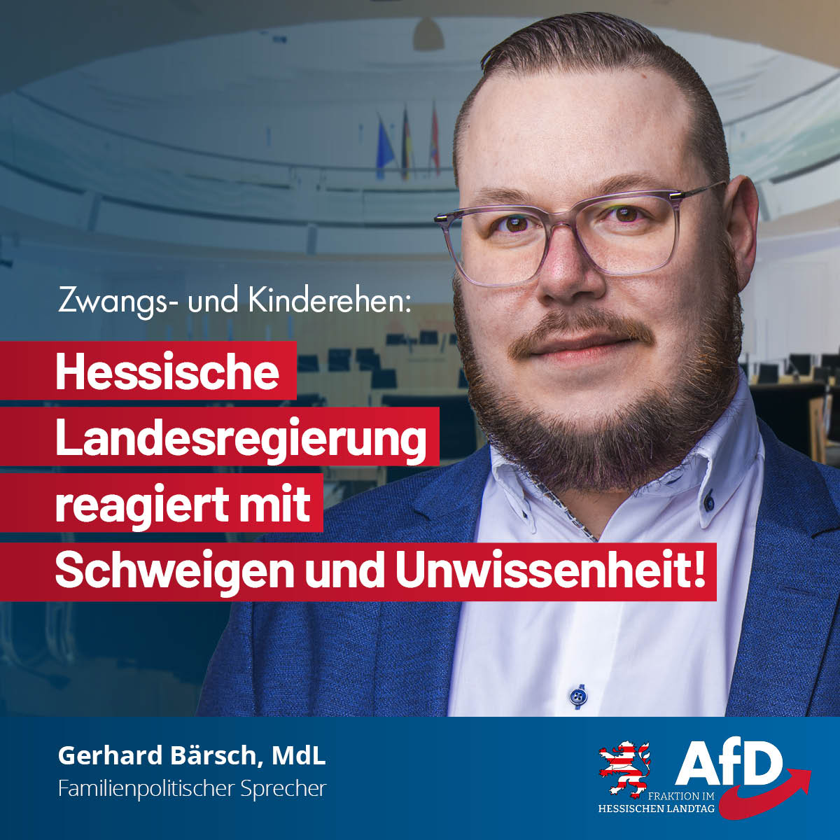 AfD_HE_Landtag's tweet photo. Zwangs- und Kinderehen:
Hessens schwarz-rote Landesregierung reagiert
mit Schweigen und Unwissenheit!
Mit einer Großen #Anfrage an die Hessische #Landesregierung wollte die #AfD-#Fraktion Daten über Zwangs- und Kinderehen in Hessen in Erfahrung bringen.
Die ANTWORT von #INNENMINISTER Roman #POSECK (#CDU) ENTHIELT jedoch so gut wie KEIN konkretes DATENMATERIAL!
Dazu unser familienpolitischer Sprecher, @BaerschMdL Gerhard Bärsch, im Hessischen Landtag:
https://t.co/Q8Gibfu0hK 
↑  ↑  ↑  ↑  ↑  ↑   ↑  ↑  ↑  ↑
„#Zwangsverheiratungen und #Kinderehen sind eine schwerwiegende Verletzung der #Menschenrechte und der persönlichen Freiheit.
Doch die Landesregierung reagiert darauf mit Schweigen und Unwissenheit. Die ausweichende und völlig unzureichende Beantwortung unserer Großen Anfrage reiht ein in die Praxis einer Landesregierung, welche die parlamentarischen Fragerechte der Opposition nicht ernst nimmt. Im konkreten Fall ist diese Ignoranz vor allem ein Versäumnis gegenüber den Opfern.
Die Innenministerien von Baden-Württemberg und Nordrhein-Westfalen können detaillierte Informationen zu diesem Thema vorlegen und auch der frühere Hessische Innenminister Peter Beuth (CDU) nannte im Jahr 2019 konkrete Zahlen zu verheirateten Minderjährigen in Hessen.

WIR FORDERN CDU-Innenminister Poseck auf: 
Erheben Sie umfassende Daten zur Situation von Zwangs- und Kinderehen in Hessen oder beschaffen Sie diese bei anderen Behörden. Entwickeln Sie auf Basis dieser Daten effektive Schutzmaßnahmen für die Betroffenen. Setzen Sie sich aktiv und öffentlich gegen diese Menschenrechtsverletzungen ein. 
Werden Sie Ihrer Verantwortung gerecht und widmen Sie diesem gravierenden Problem mehr Aufmerksamkeit.“

V. i. S. d. P.: Gerhard Bärsch, familienpolitischer Sprecher der #AfD-#Fraktion im Hessischen #Landtag