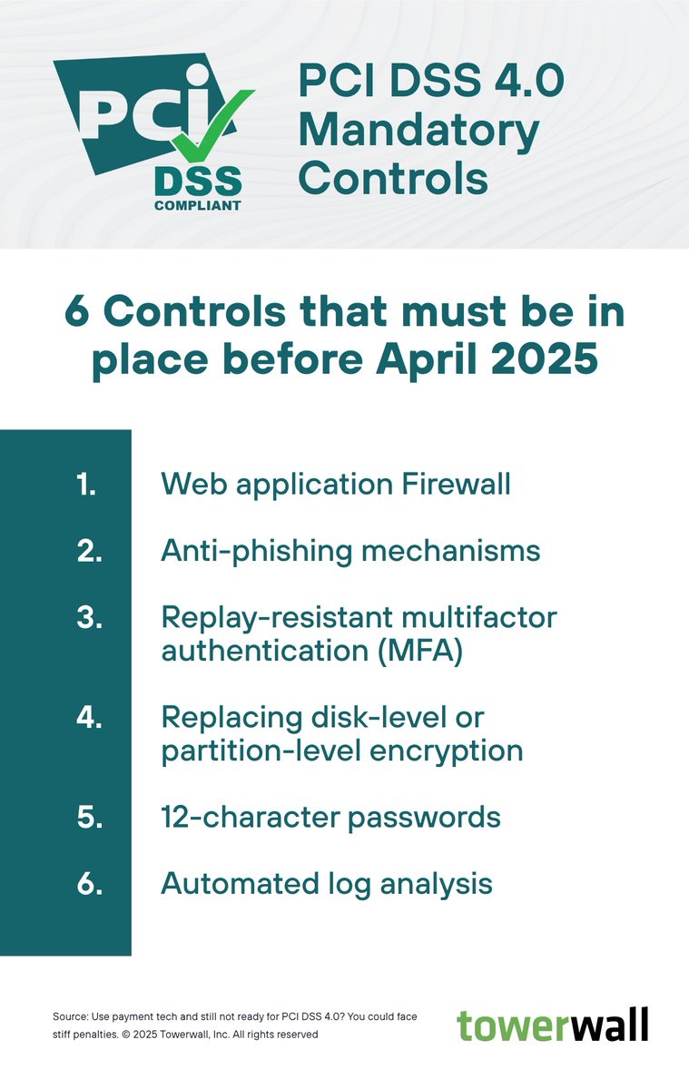 Is your organization prepared for the upcoming PCI DSS 4.0 compliance deadline?

By April 2025, it's mandatory to implement these six critical controls.

Contact Towerwall today (774) 204-0700 to deploy these mandatory controls and achieve compliance.

#5thWallofSecurity #PCIDSS