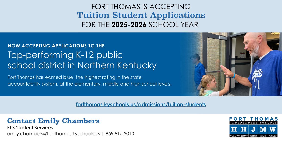 FTSchools's tweet photo. Good morning!

Do you live outside of the 41075 zip code and want your children to reap the benefits of a Fort Thomas school experience?

Our District is accepting applications for prospective tuition students until April 1, 2025.  

Space is limited.  Apply soon!

@FTSUPT https://t.co/IavrVh4swe