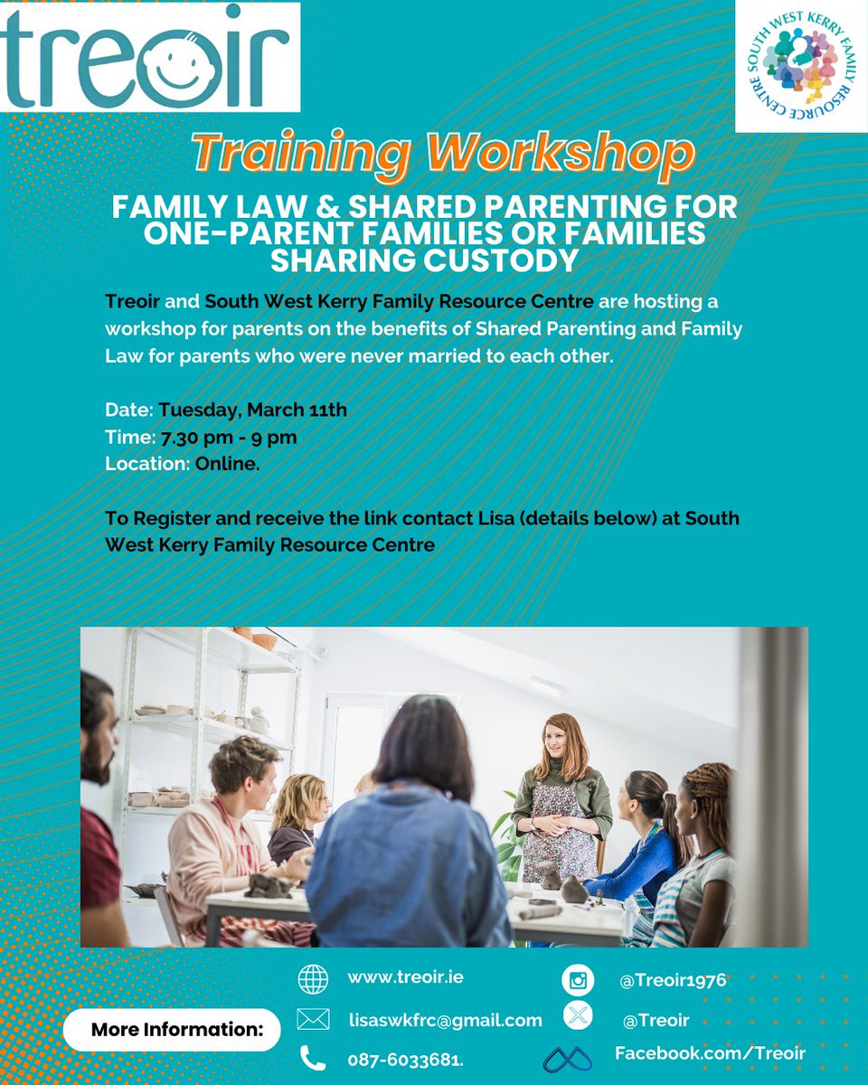 📣Workshop announcement!📣
Treoir and South West Kerry Resource centre are delighted to announce a collaborative workshop on Family Law and Shared Parenting.

📅: Tuesday March 11th
⏰: 7:30 pm - 9pm
📍: Online

Can't wait to see you there!