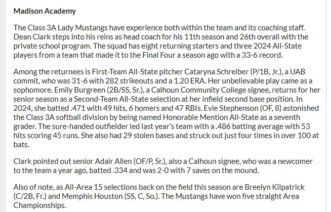 Madison Academy Mustangs Softball (@mamustangsball) on Twitter photo Thank you Bob Labbe <a href="/madison_record/">The Madison Record</a> for the team preview! This is going to be an exciting team to watch this year. Go Mustangs! Thank you Bob Labbe <a href="/madison_record/">The Madison Record</a> for the team preview! This is going to be an exciting team to watch this year. Go Mustangs!