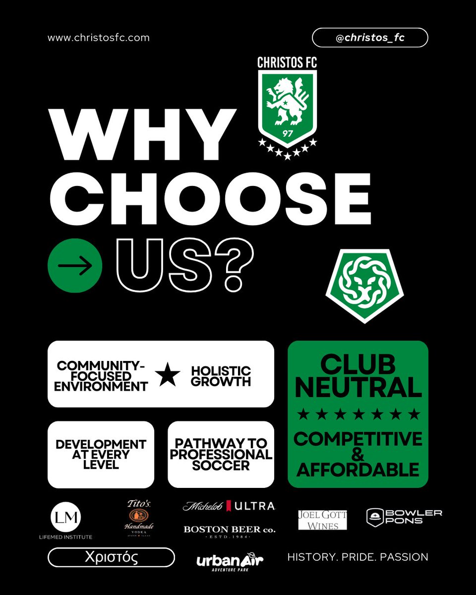 ChristosFC's tweet photo. Why Choose Christos FC?
We’re more than a club—we’re a community.
✅ CLUB NEUTRAL
✅ Community-Focused
✅ Holistic Growth
✅ Path to Pro Soccer
✅ Competitive & Affordable
Join a club that puts YOU first!
#ChristosFC #USL2 #USLW #USLY #ClubNeutral #YouthSoccer #PathToPro #Camps https://t.co/XFKR5OxWrM