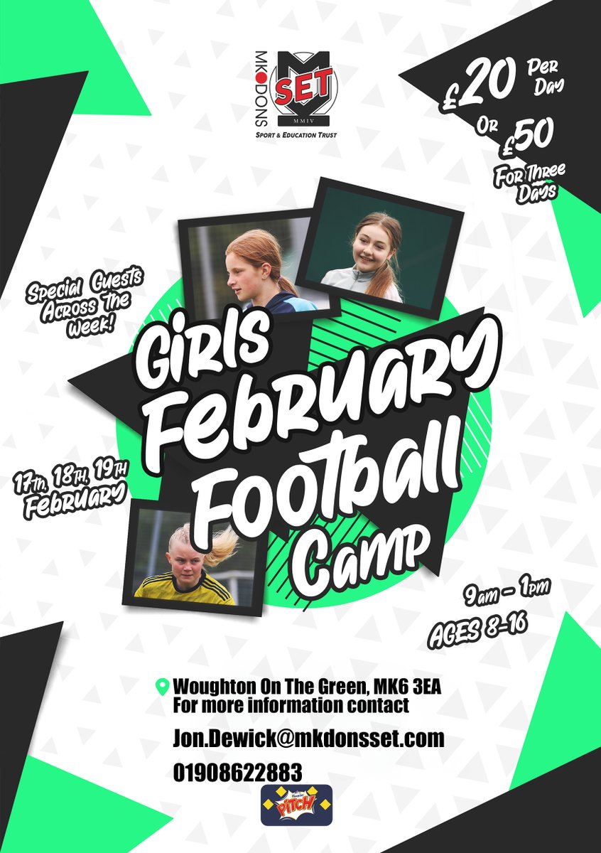 5 days to go until the MK Dons SET Girls Holiday Camp!

🗓️17th Feb - 19th Feb
🏟️ Woughton on the green, Milton Keynes, MK6 3EA 
🕘 9am - 1pm 
👧 Ages 8 - 16

Book now so you don't miss out! 👉 zurl.co/I2PP9

#MiltonKeynes #HolidayCamps #Elite #WomensFootball