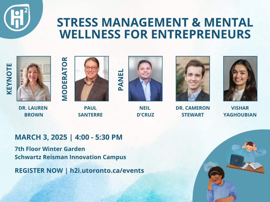 H2i_UofT's tweet image. Join H2i on March 3rd as we kick off #UofTEntWeek with an event exploring stress management and mental wellness for entrepreneurs!
Learn more & register now: bit.ly/H2iMentalWelln…