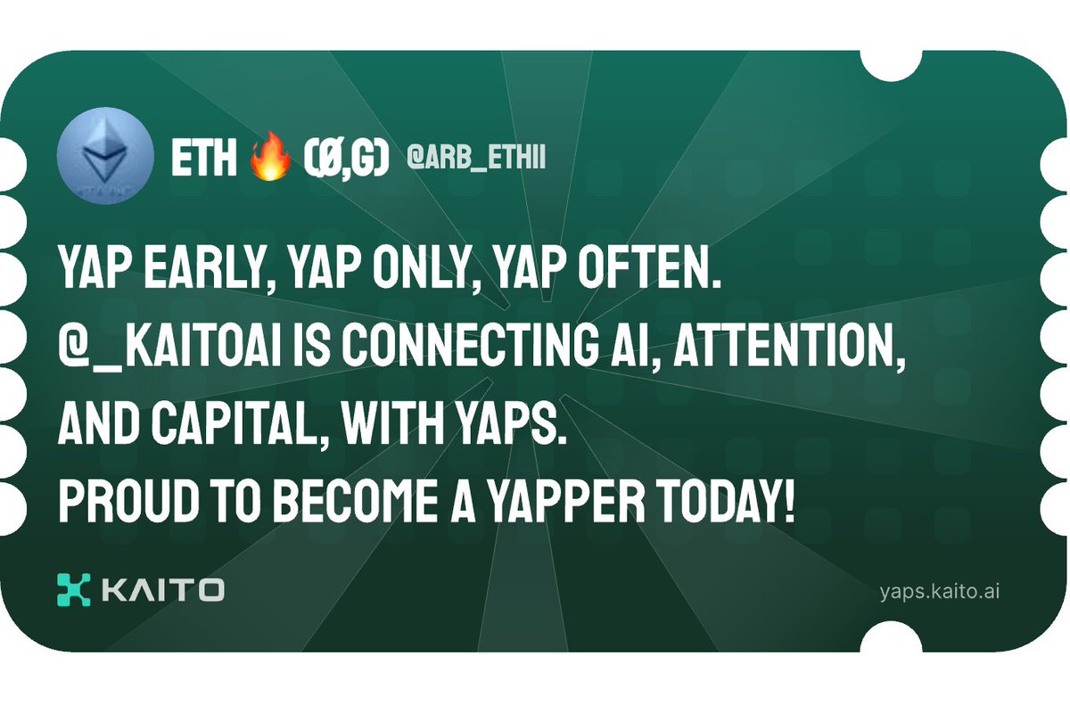 Arb_eth11's tweet photo. Yap early, yap only, yap often.

@_kaitoai is connecting AI, attention and capital with Yaps.

Just claimed my social card and I'm accumulating Yap points in real-time.

Claim yours 👉 https://t.co/T08B1HX6lK https://t.co/ARI9FR8GNT