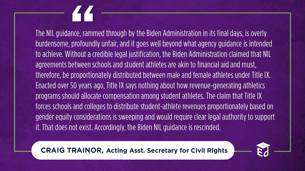 Statement from the U.S. Department of Education’s Office for Civil Rights (OCR) on rescinding Title IX guidance on Name, Image, Likeness (NIL) issued in the final days of the Biden administration: ed.gov/about/news/pre…