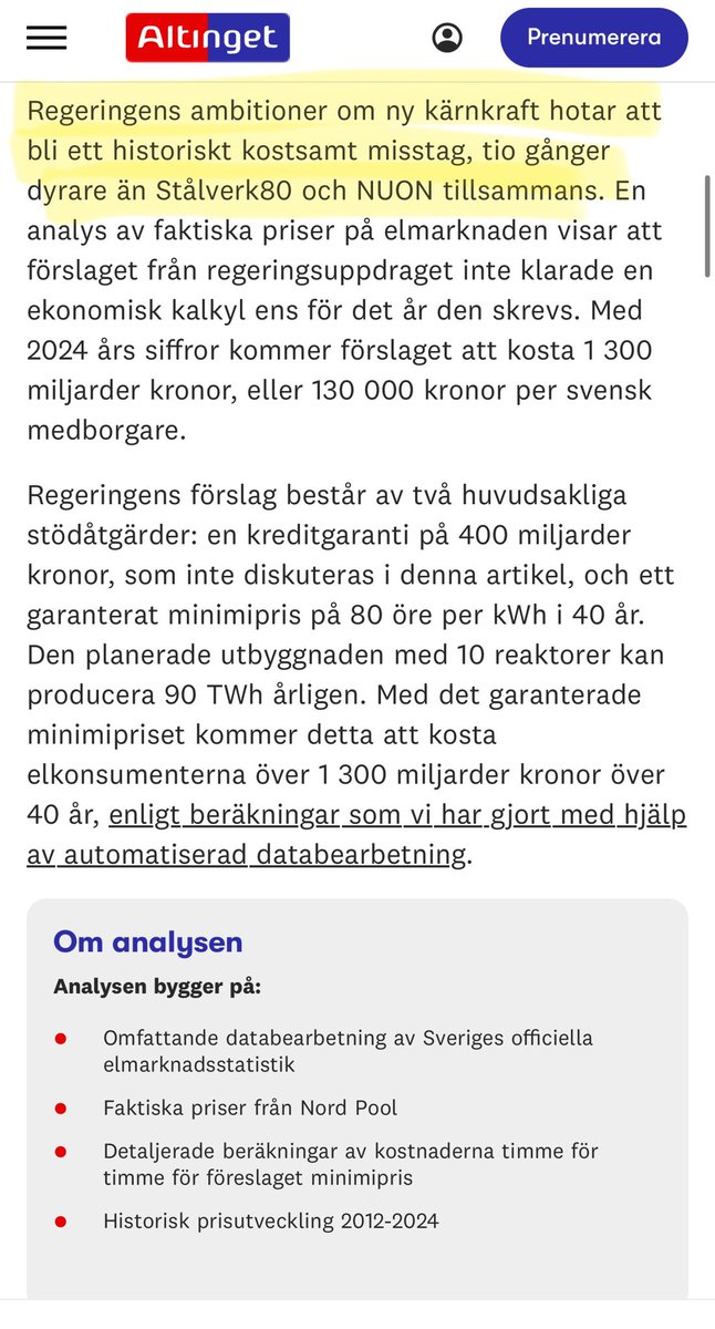 🏭 Regeringens ambitioner om ny kärnkraft hotar att bli ett historiskt kostsamt misstag, tio gånger dyrare än Stålverk80 och NUON tillsammans.
altinget.se/artikel/karnkr…