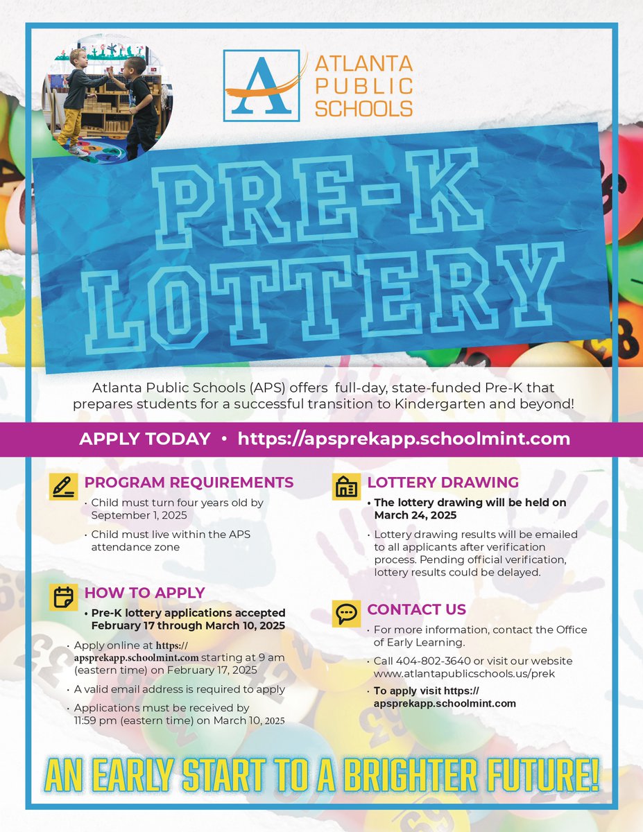 APSPeytonForest's tweet image. Pre-K Lottery opens NEXT week!
La lotería de preescolar abre la próxima semana!
#successnothingless