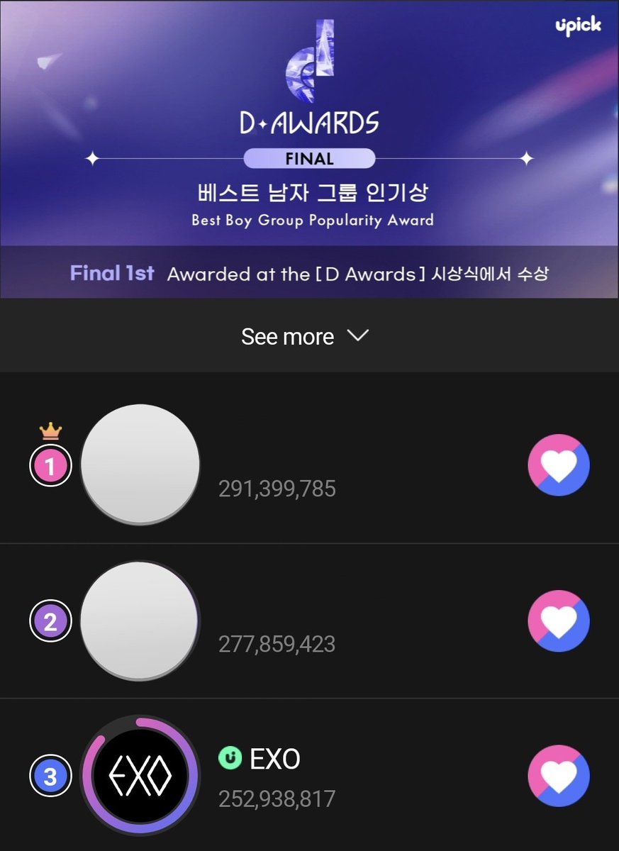 SupportTeamEXO's tweet image. UPICK D Awards 🗳

Best Boy Group Popularity Award

❗️LAST DAY OF VOTING❗️

#3 #EXO 🚨
Gap to #1: -38.46M

100% fan-voted award!

🔗s.u-pick.io/dl/r4jXvfr5eQs…

🗓 Vote ends 13/02, 3PM KST

#엑소