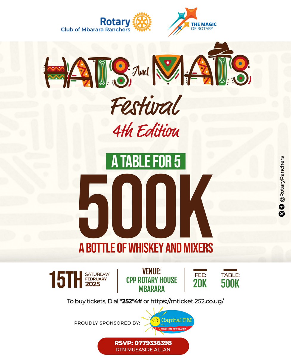 Get Ready for the Ultimate Experience! 🔥

The HATS &amp; MATS Festival – 4th Edition is here! Mark your calendars for Saturday, February 15, 2025, at CPP Rotary House, Mbarara.

🎟 Table for 5 – 500K (Includes a bottle of whiskey &amp; mixers)
🎟 Regular Ticket – 20K

Secure your spot