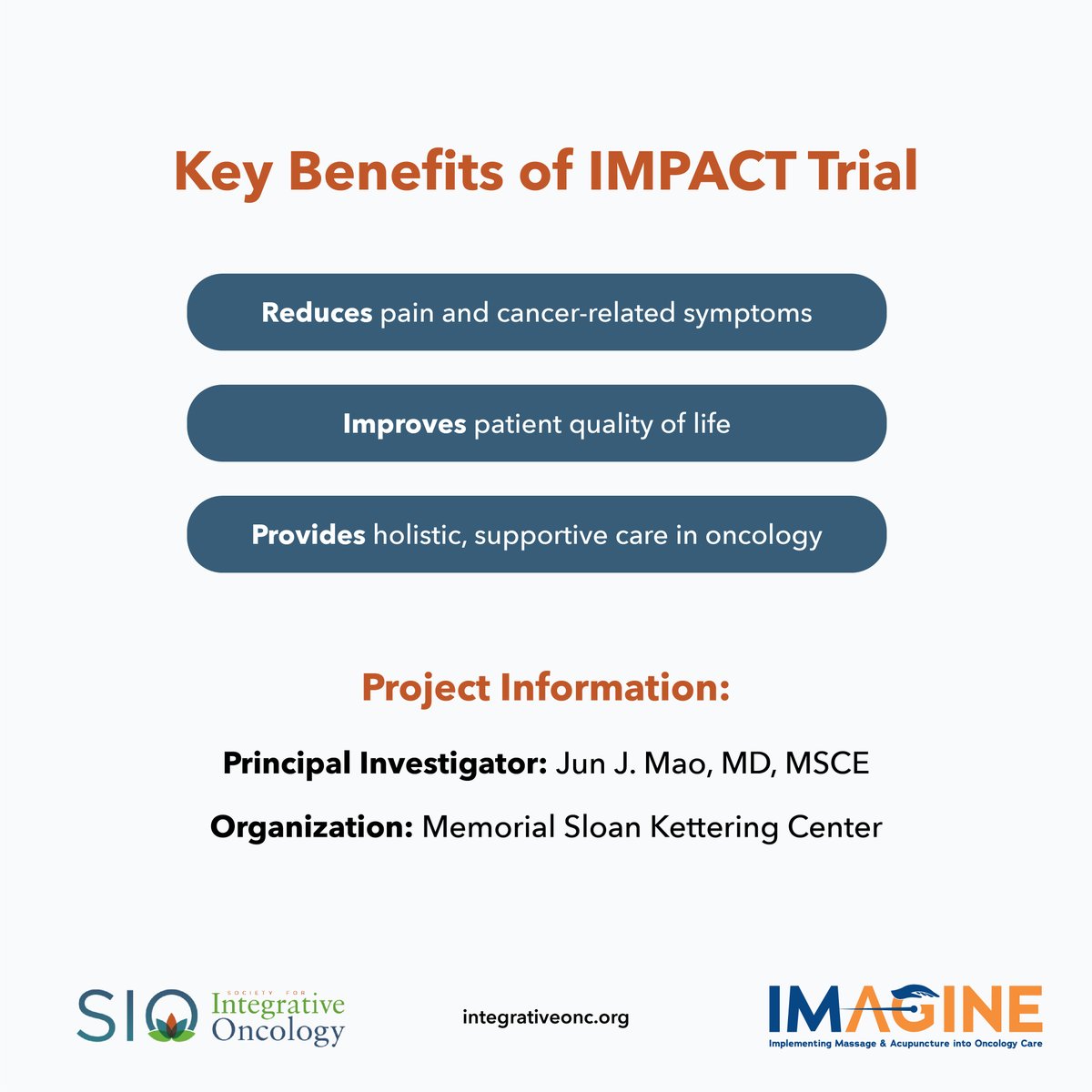 Integrativeonc's tweet photo. SIO is thrilled to announce the PCORI funding award to Dr. Jun J. Mao of MSK for the IMAGINE Project! IMAGINE will bring evidence-based acupuncture & massage protocols to 35 cancer centers across the U.S.
#IntegrativeOncology #IMAGINEProject #OncologyCare https://t.co/UgOShs82QE