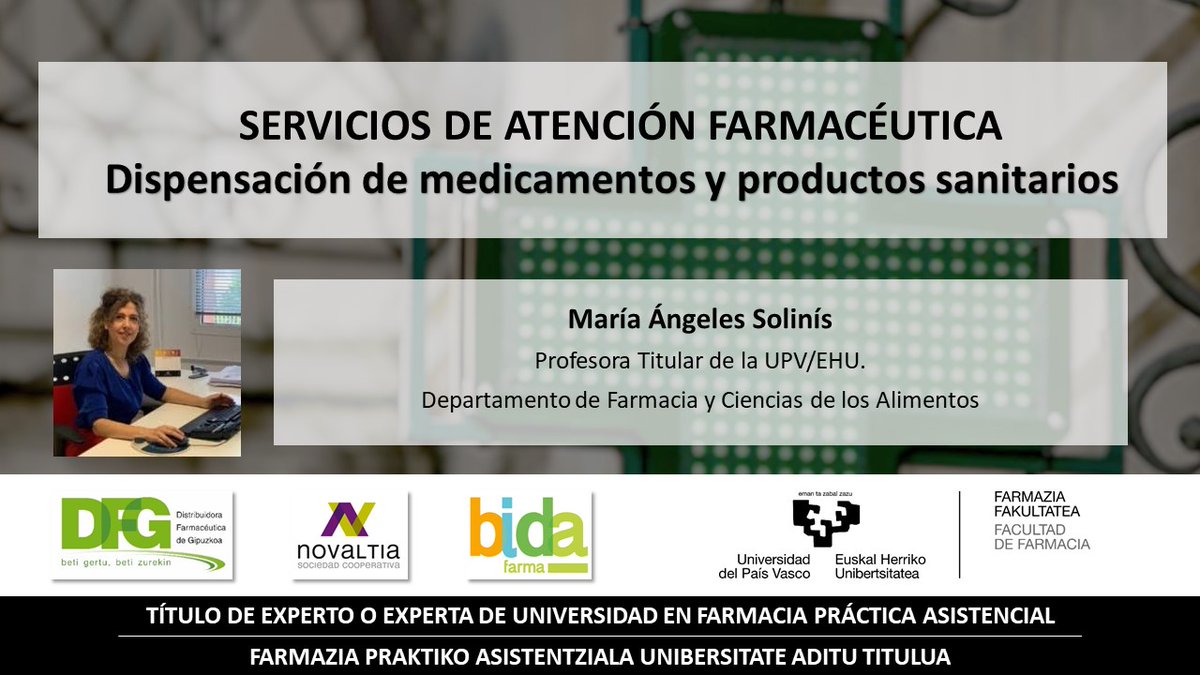 FarmasistEhu's tweet photo. Este miércoles comenzamos un bloque de temas sobre servicios de atención farmacéutica.  @MarianSolinis, profesora de @Farmazia_ehu,  impartirá una primera sesión sobre el servicio de dispensación.
#atenciónfarmacéutica #farmaciaasistencial https://t.co/PNVl3TtxY1