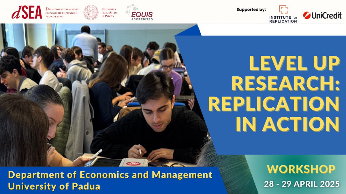 dSEA Unipd (@dsea_unipd) on Twitter photo 📢Save the date: Level Up Research: Replication in Action!
📅28-29 April 2025
📍Organized by <a href="/dSEA_Unipd/">dSEA Unipd</a> with <a href="/I4Replication/">I4R</a> & <a href="/UniCredit_IT/">UniCredit Italia</a>.
🔹Expert Talks on replication packages and pre-registration.
🔹Workshops with top scholars.
🔗unipd.link/replication-ga… 📢Save the date: Level Up Research: Replication in Action!
📅28-29 April 2025
📍Organized by <a href="/dSEA_Unipd/">dSEA Unipd</a> with <a href="/I4Replication/">I4R</a> & <a href="/UniCredit_IT/">UniCredit Italia</a>.
🔹Expert Talks on replication packages and pre-registration.
🔹Workshops with top scholars.
🔗unipd.link/replication-ga…
