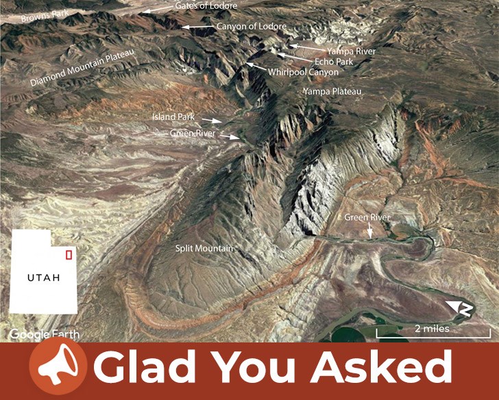utahgeological's tweet image. Why does the Green River cut through Split Mountain instead of flowing around it? This puzzled John Wesley Powell in 1869. Learn more in &quot;Glad You Asked: The Curious Case of the Green River in the Uinta Mountains&quot; – ow.ly/5KRR50D5P6w #utahgeology #gladyouasked