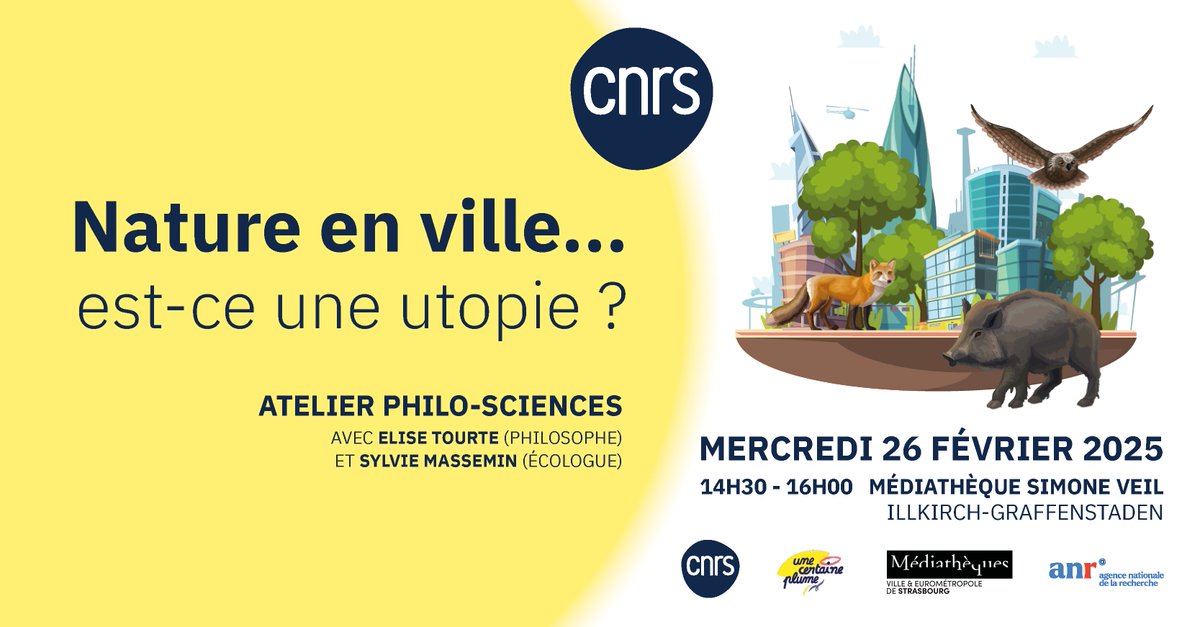 CNRS_Alsace's tweet image. [ATELIER PHILO-SCIENCES] Nature en ville, est-ce une utopie ? 🌳🐿️🏙️
Avec @EliseTourte, philosophe et Sylvie Massemin, écologue @IPHC_Strasbourg 
👉 bit.ly/aps-natureenvi…
🗓️ Mercredi 26/02 -14h30-16h 
📌 Médiath.Illkirch
@CNRS, Médiathèques Strasbourg
#SAPSCNRS @AgenceRecherche