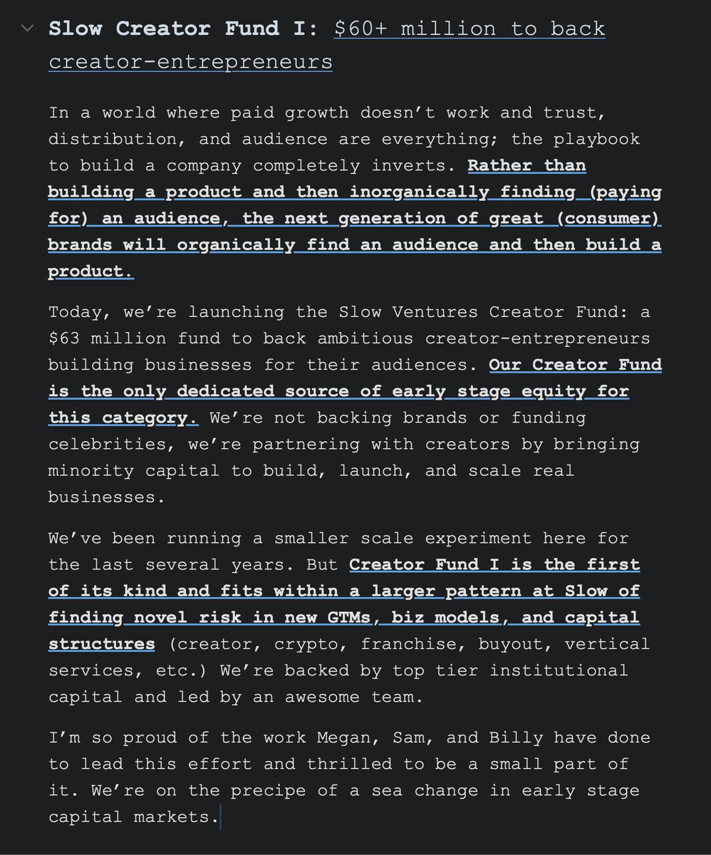 Today, we’re launching the Slow Ventures Creator Fund: a $63 million fund to back ambitious creator-entrepreneurs building businesses for their audiences. 

In a world where paid growth doesn’t work and trust, distribution, and audience are everything; the playbook to build a