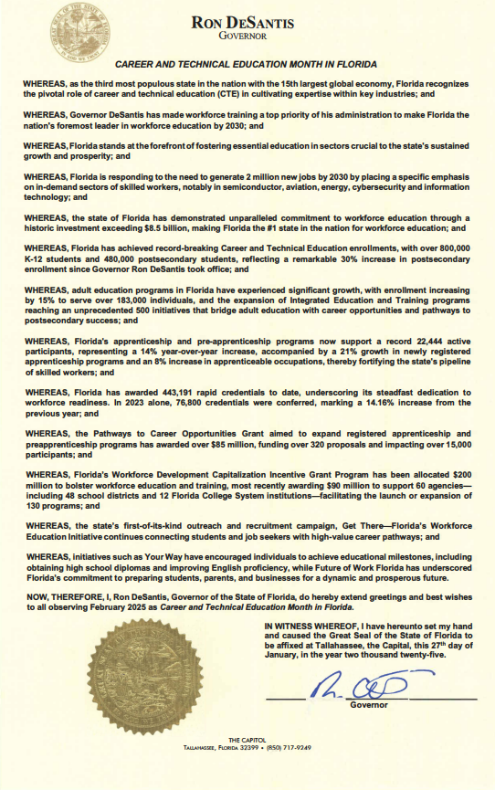 We are pleased to announce that <a href="/GovRonDeSantis/">Ron DeSantis</a> has proclaimed February as Career and Technical Education (CTE) Month in Florida. This recognition highlights the vital role that CTE programs play in preparing individuals for high-demand, high-skill and high-wage careers👏