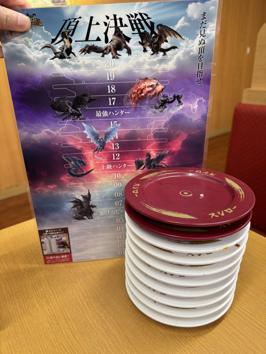 haruno0601's tweet photo. スシローモンハンコラボ行ってきた🍖オーダーストップまで15分しかなくて焦ったー。2人で10皿、無事回復薬のボトルゲット！ピックは被りまくり…ミラとアルバほしかった😩 https://t.co/lBIgxDsWmC