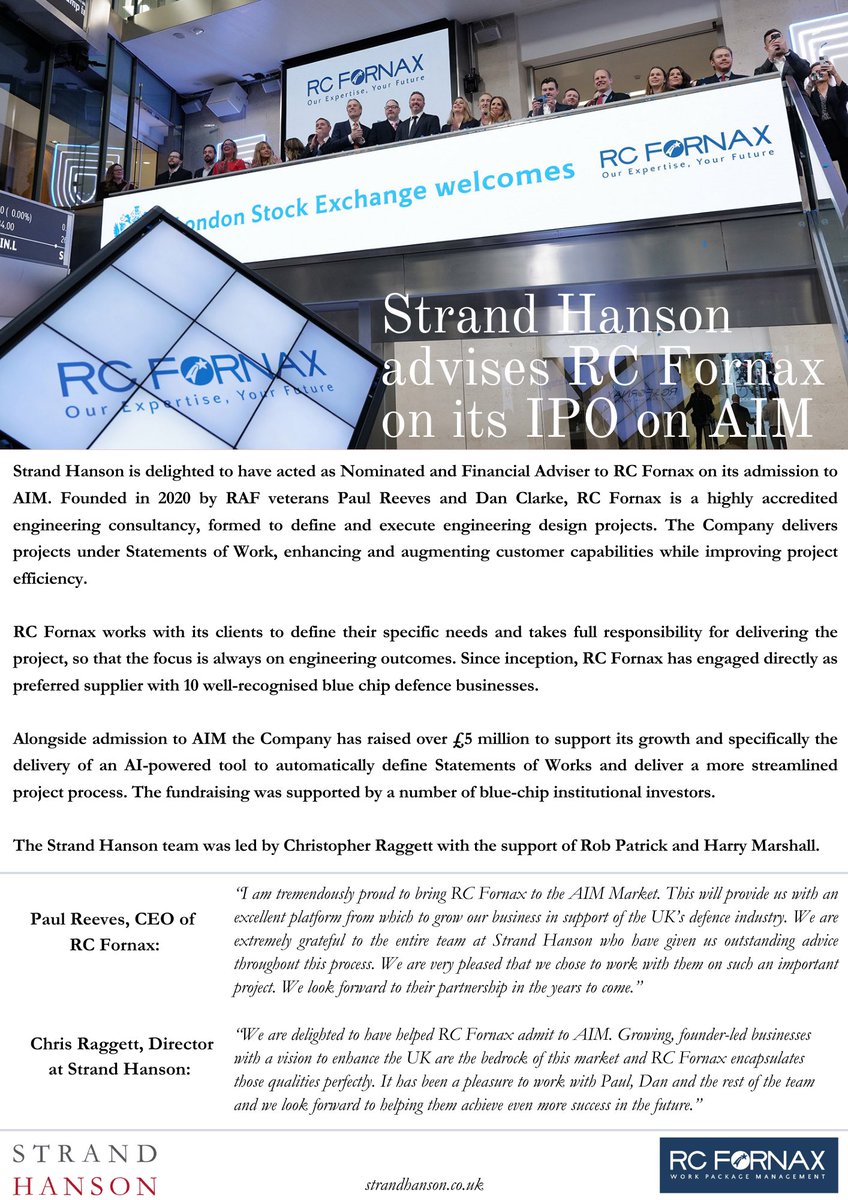 Strand Hanson is pleased to have acted as Financial &amp; Nominated Adviser to RC Fornax on its successful listing on AIM.