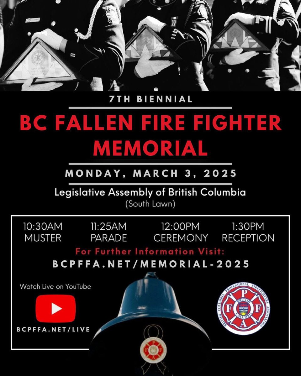 On March 3, 2025, we will gather on the south lawn of the BC Legislature to honour the 27 fallen fire fighters who made the ultimate sacrifice. Their courage, dedication, and unwavering service to their communities will never be forgotten. 

Learn more: bcpffa.net/memorial-2025