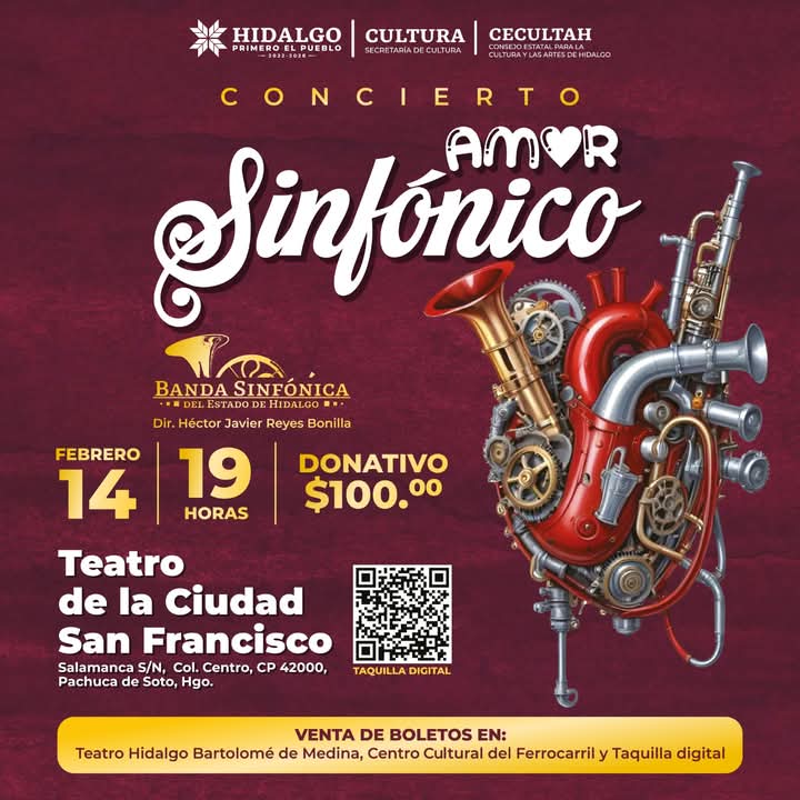 🎶 Romance y música con la Banda Sinfónica del Estado de Hidalgo.

🎟️ Boletos en:
📍 Teatro Hidalgo Bartolomé de Medina
📍Centro Cultural del Ferrocarril
🕘De lunes a viernes, de 9 a 17 hrs.
Donativo: 100 pesos
 Taquilla digital 👇
shorturl.at/SSt57