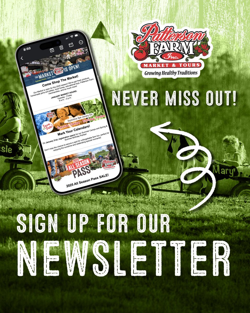 Patterson_Farm's tweet photo. Donโt miss out on special announcements and farm fun! ๐พ๐ Sign up for our newsletter and be the first to know about upcoming events, seasonal activities, special discounts, and more!
Join now: https://t.co/UgvVaZgfRc
#pattersonfarm #newsletter #stayintheknow https://t.co/FtXvf9Cink
