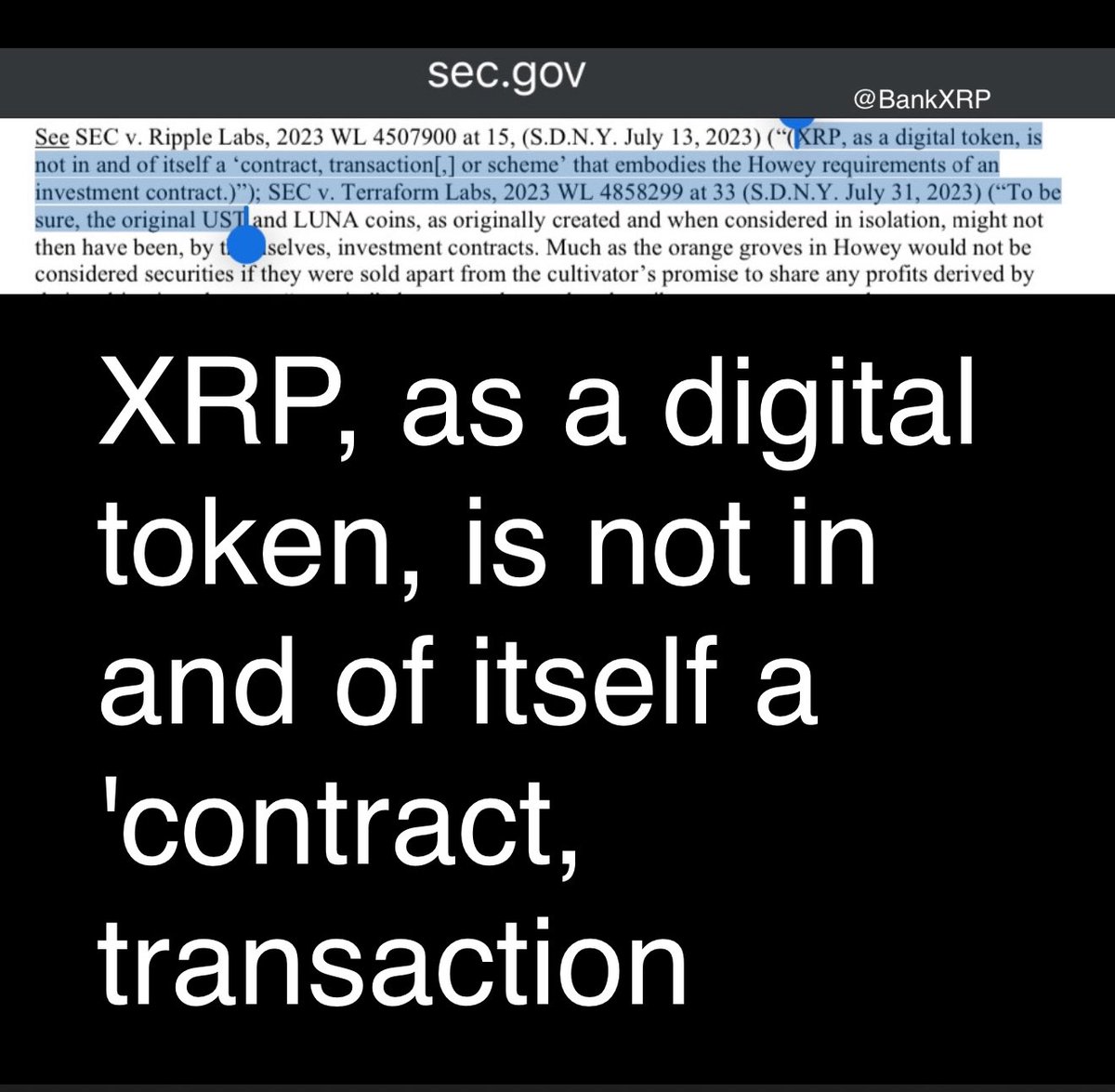 Ripple fought for all of crypto in most crypto ETFs and other crypto filings, this is always quoted at the bottom of the documents

XRP, as a digital token, is not in and of itself a 'contract, transaction.