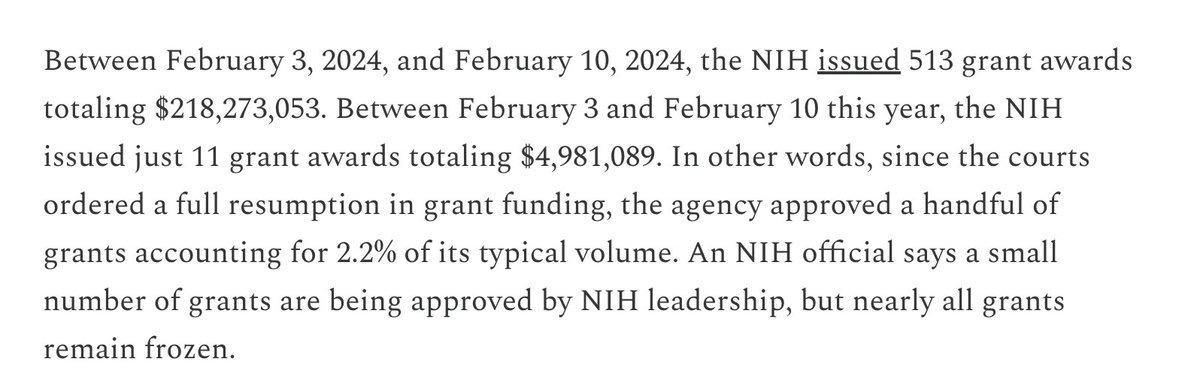 98% of NIH grants that should have gone out this month, didn't. Despite court orders 'unfreezing' the funds, they are frozen. Biomedical research will grind to a halt. Clinical trials will end. All for no reason: the total impact on the US budget is miniscule