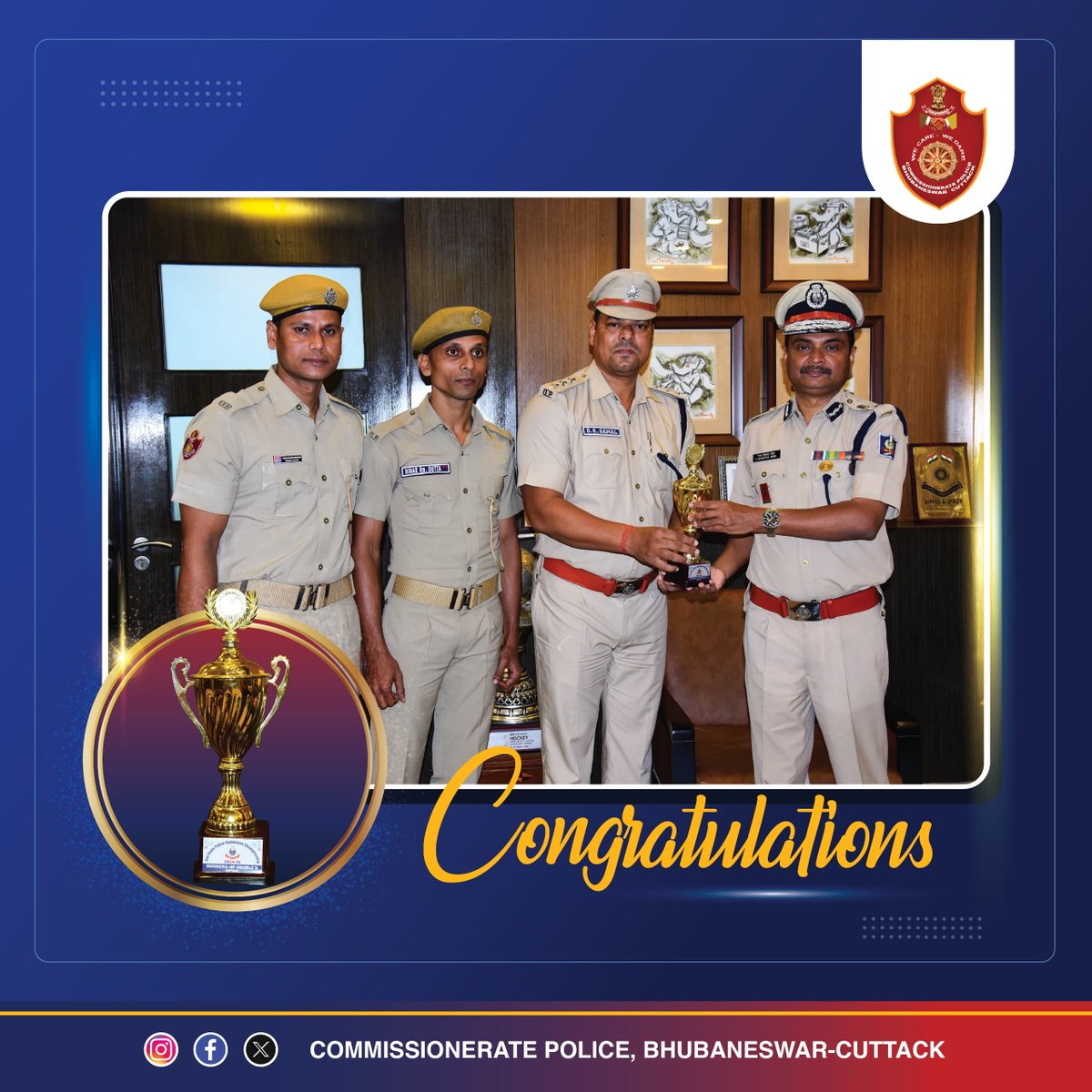 cpbbsrctc's tweet photo. Police Commissioner Dr. S. Dev Datta Singh extended his heartiest congratulations to RI Dipti Ranjan Samal, Const. Tapan Kumar Bhuyan, and Const. Nihar Ranjan Datta for securing the Runner-Up title in the 3rd State Police Badminton Championship (Doubles) 2024-25 #TeamCP https://t.co/64i9dY1yhX