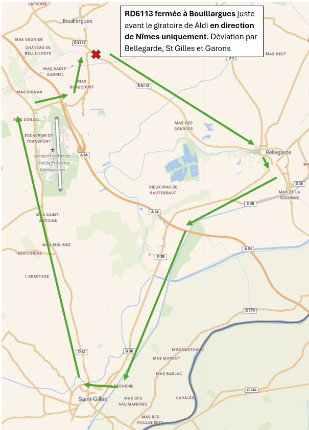 ⚠️#D6113 à #Bouillargues route barrée en direction de Nîmes uniquement avant le giratoire de Aldi pour dépannage PL
➡️Déviation par Bellegarde ,St Gilles via D38, D42, D442 
<a href="/objectifgard/">ObjectifGard</a> <a href="/icigardlozere/">iCI Gard Lozère</a> <a href="/WazeGard/">WazeGard</a> <a href="/pompiersdugard/">Sapeurs Pompiers du Gard</a> <a href="/Prefet30/">Préfet du Gard</a> <a href="/objectifgard/">ObjectifGard</a> <a href="/InfoFlash_30/">🇫🇷 InfoFlash_30</a> <a href="/infoccitanie/">InfOccitanie</a>