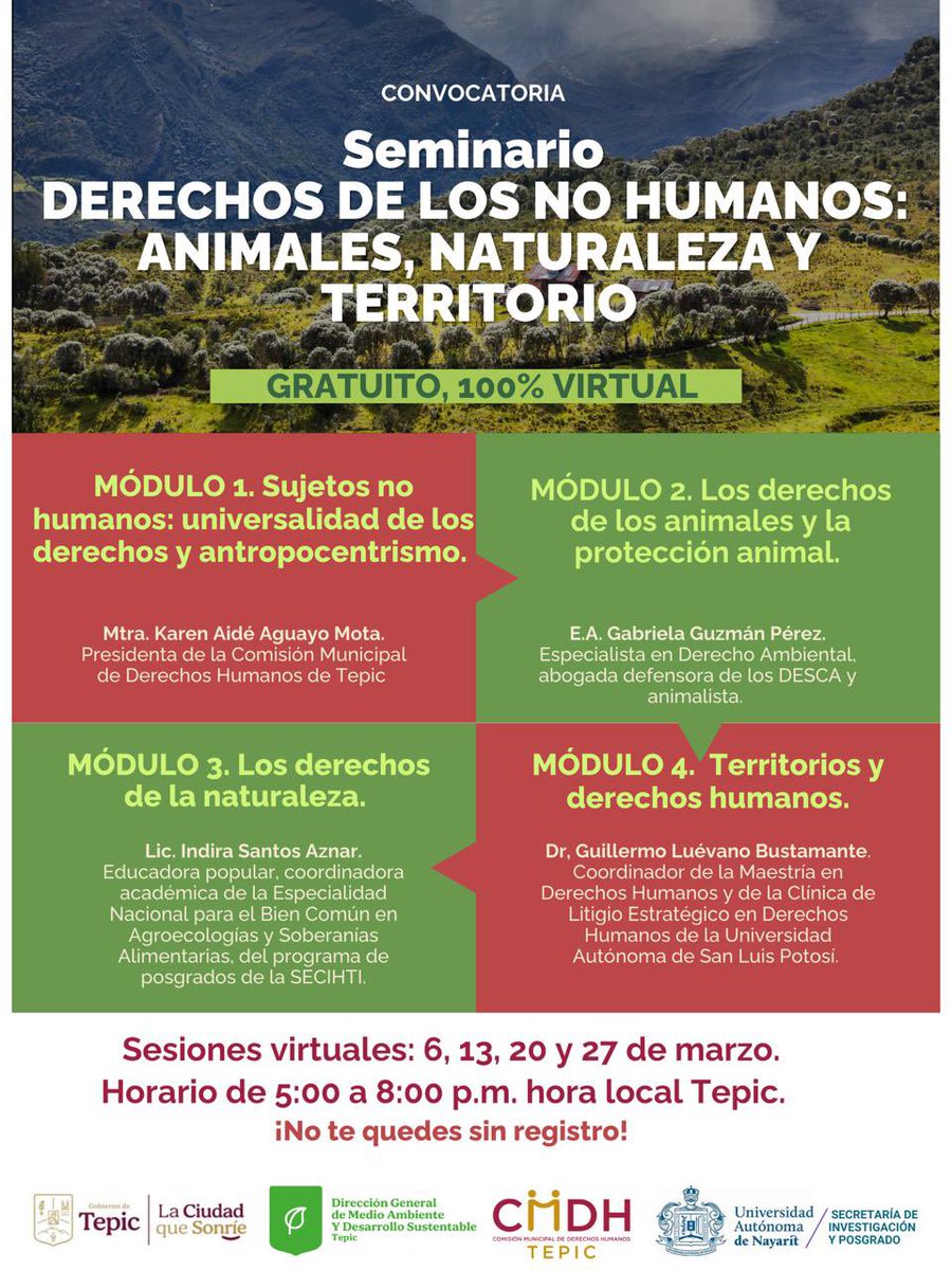 CMDHdeTepic's tweet photo. Te invitamos a participar en el Seminario “Derechos de los No Humanos: Animales, Naturaleza y Territorio”. Una alternativa gratuita, virtual, y a desarrollarse los días jueves del mes marzo.

Regístrate aqui: https://t.co/lmEkGX7DC5 https://t.co/AKauUktYeU