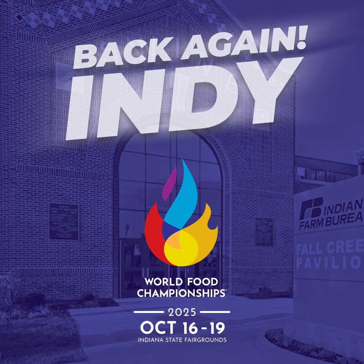 WorldFoodChamp's tweet photo. 🚨 The World Food Championships is racing back to Indianapolis! Join us for food &amp; fun, Oct 16-19 at the Indiana Farm Bureau Fall Creek Pavilion at the @IndyStateFair as over 300 teams battle for $450k in prize money &amp; culinary glory! 🏆

#WFC2025 #FoodSport #Champions @VisitIndy https://t.co/atrNK7tEKg