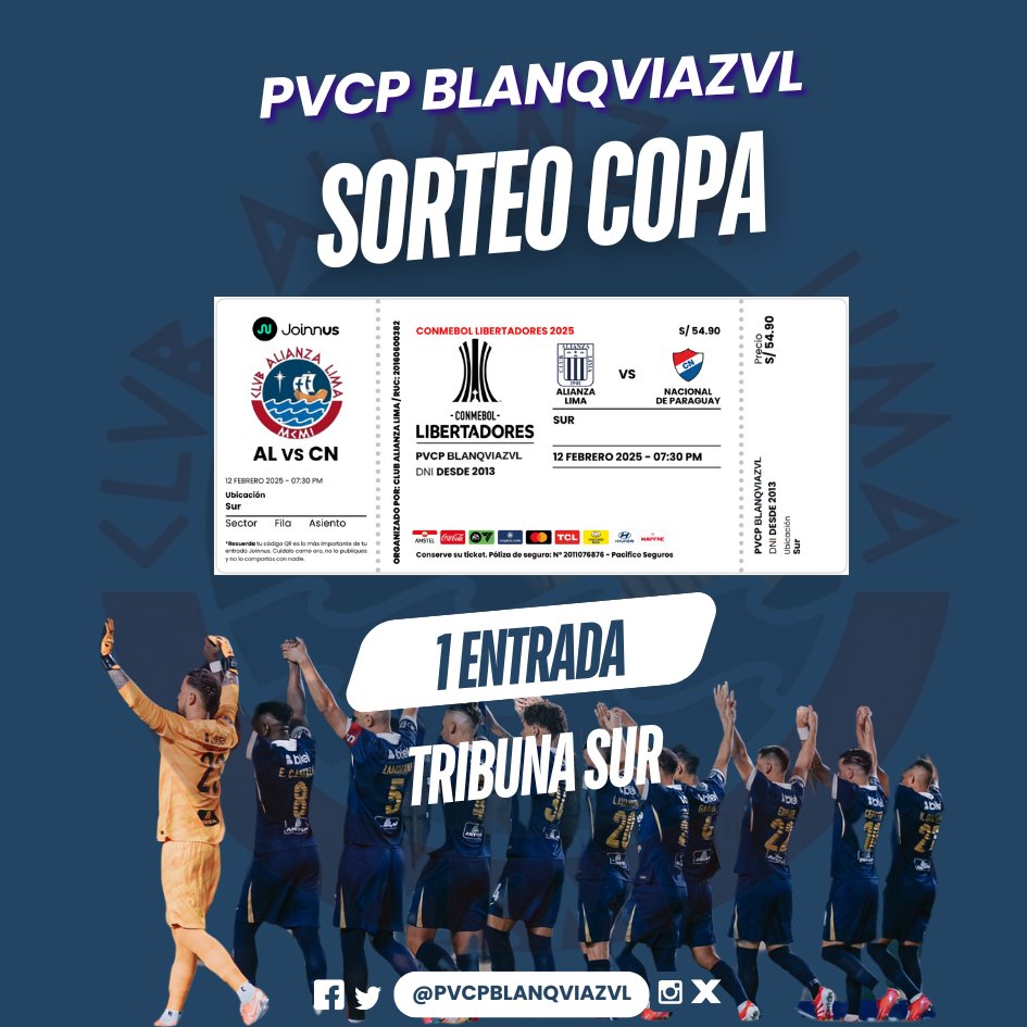📢¡Sorteo de Entrada!🎟️

🌟PVCP BLANQVIAZVL sortea 1 entrada para tribuna SUR del Alianza Lima vs Nacional, de hoy 12/02 a las 7:30 p.m.🏟️

📢Participa: 
1️⃣Sigue a <a href="/PvcpBlanqviazvl/">PVCP BLANQVIAZVL</a> 
2️⃣RT este post
💙¡Vamos Blanquiazules!🤍
#AlianzaLima #EntradaGratis #AL #Libertadores2025