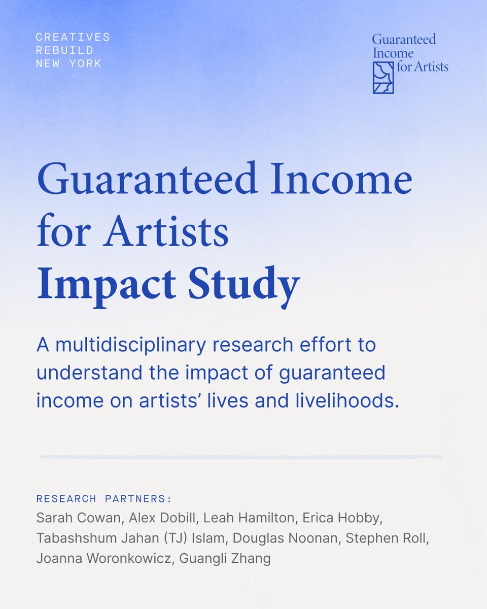 ArtsCRNY's tweet photo. Find out how CRNY’s #GuaranteedIncome program impacted artists across artistic practice and earnings, work-life balancing, financial well-being, spending patterns, physical and mental health, and community impacts.

➡️ Full research findings: https://t.co/1sgMISGaTD https://t.co/kBfrUaLEkK