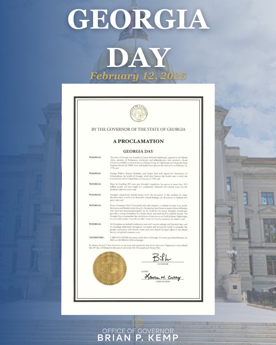 Exactly 292 years ago today, James Oglethorpe and the brave travelers who came to the New World with him founded what would one day become our great State of Georgia. 

In the centuries that have followed, the Peach State has become a true economic stronghold and the best place