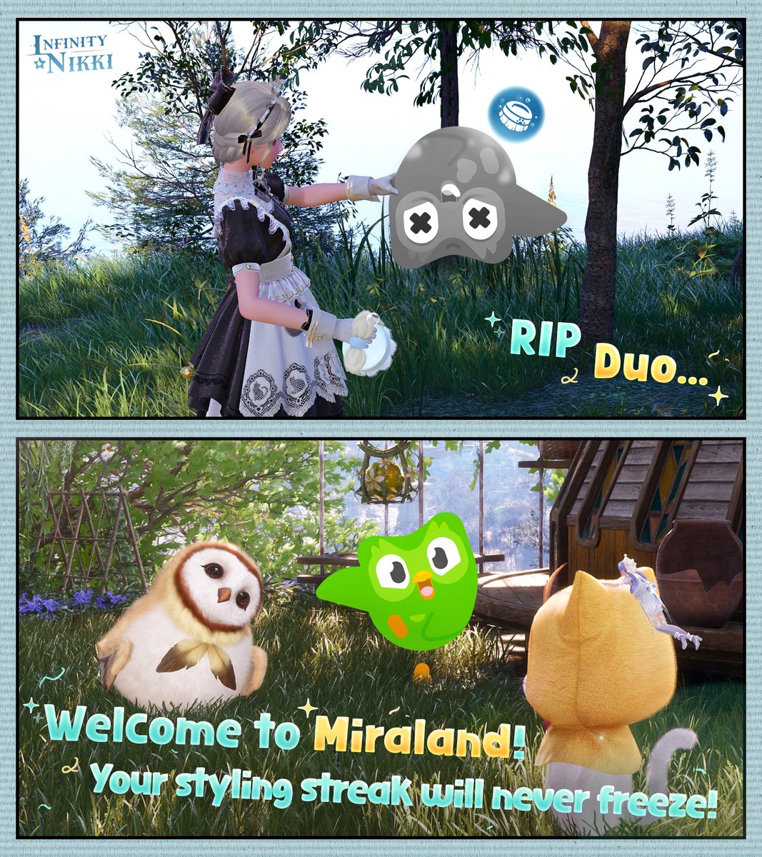 Sad to lose you Duo, but hype to see you respawn in Infinity Nikki—with infinite styling choices. The only thing harder to escape than fashion... is Duolingo's notifications!
