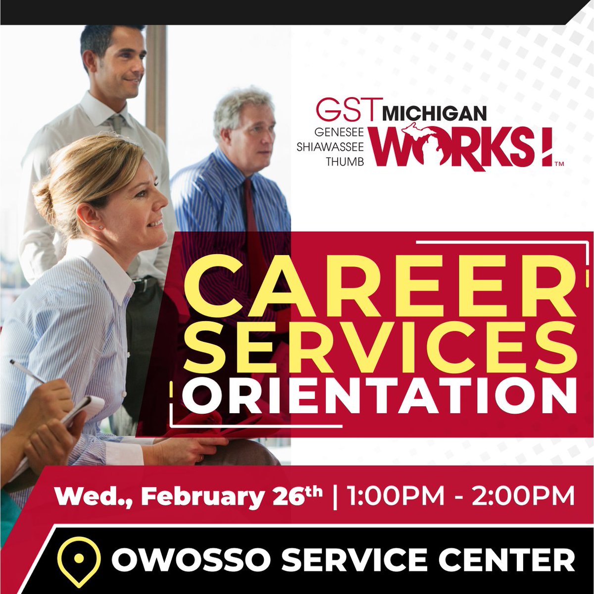 Visit our Owosso Service Center &amp; learn about the many ways we can help you achieve your career goals. Career Services Orientation reviews ways we can help pay for tuition, job placement &amp; more!
 
Interested? Visit gstmiworks.org/careerservices or call (989) 729-9599 for more details.