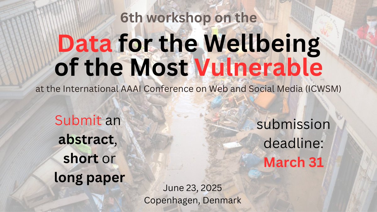Yelena Mejova (@yelenamejova) on Twitter photo 📢 CfP: #ICWSM2025 Workshop on
#Data for the Wellbeing of the Most #Vulnerable
👉 #AI #NLP #epidemiology #demography #sociology #humanitarian #datascience
submit your abstract, or short or long paper by
⏰ March 31
sites.google.com/view/dataforvu…
w/ <a href="/KyriakiKalimeri/">Kyriaki Kalimeri</a> <a href="/danielapaolotti/">Daniela Paolotti</a> 📢 CfP: #ICWSM2025 Workshop on
#Data for the Wellbeing of the Most #Vulnerable
👉 #AI #NLP #epidemiology #demography #sociology #humanitarian #datascience
submit your abstract, or short or long paper by
⏰ March 31
sites.google.com/view/dataforvu…
w/ <a href="/KyriakiKalimeri/">Kyriaki Kalimeri</a> <a href="/danielapaolotti/">Daniela Paolotti</a>