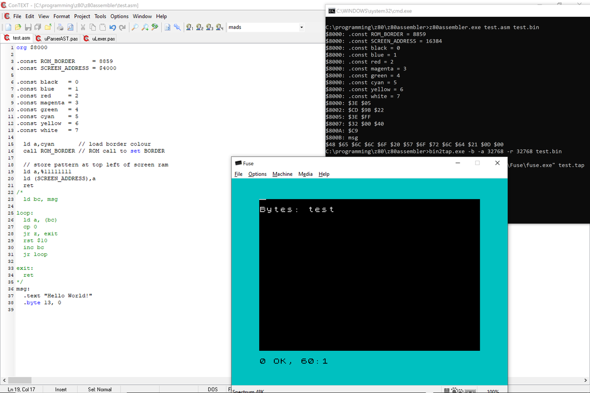 SyntaxErrorSoft's tweet photo. My homebrew #z80 #cross-##assembler is coming alive :) #8BitCoders It now does constants and expressions (+, -, /, *, &amp;, |, <<, >>) https://t.co/AfvbtDD4tN