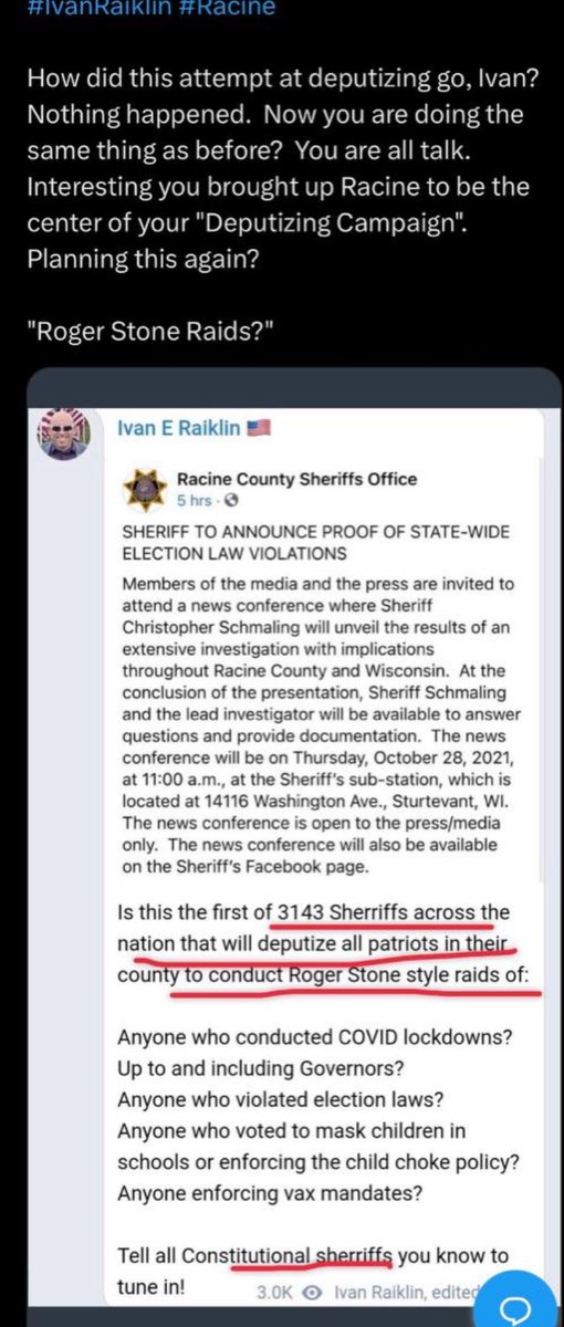 DenyTheMark2020's tweet photo. @hoopes_leah Why did @IvanRaiklin imply the first Sheriff to deputize him for the raids would be Racine County, Wisconsin Sheriff who worked closely with Mack & Gregg Phillips on sham “investigations” & Fusion Centers? What happened to the investigations, recalls & elections? #FailByDesign https://t.co/ljpZc68fgC