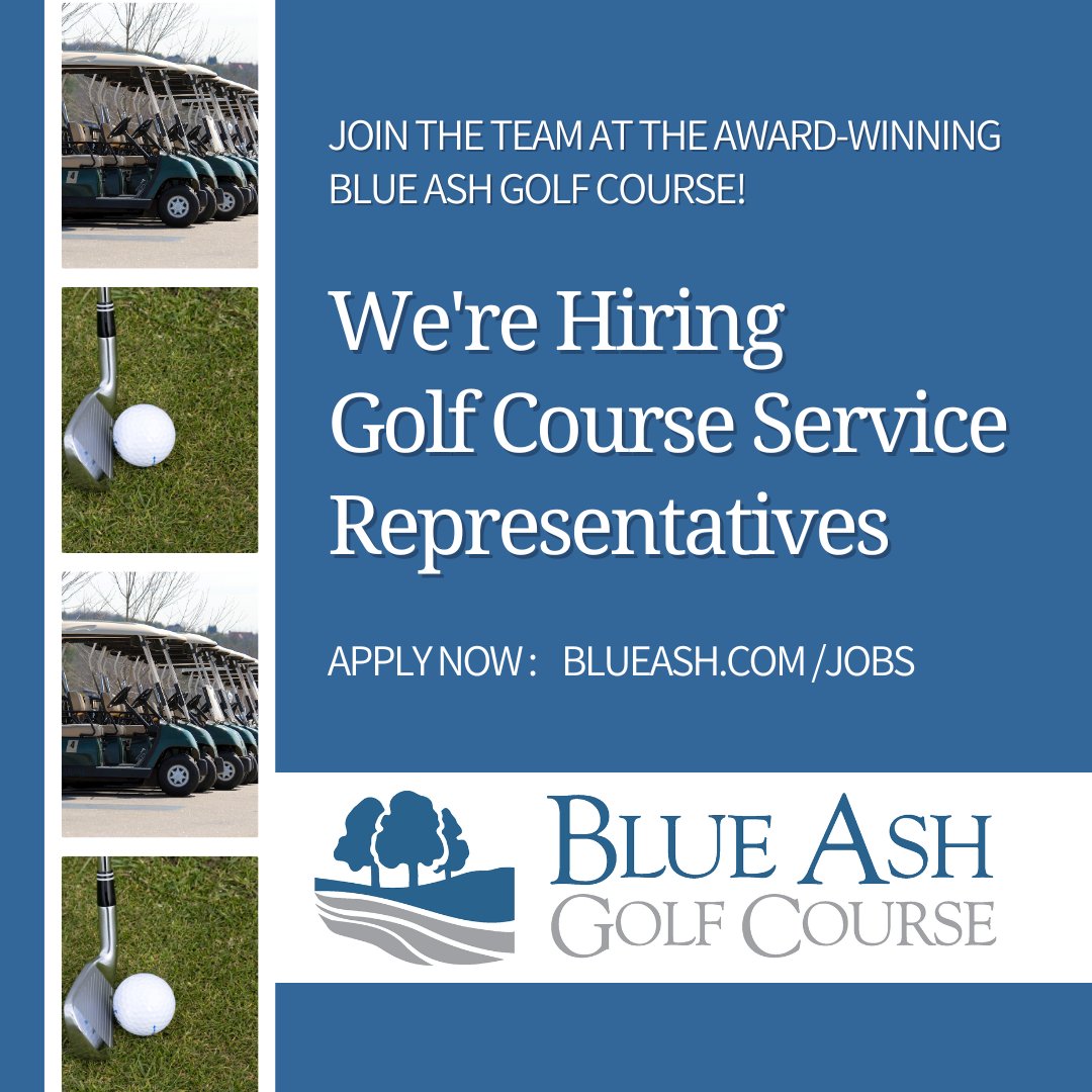 Be a part of a great team at the Blue Ash Golf Course!  Now hiring Golf Course Service Representatives. Learn more and apply: blueash.com/jobs