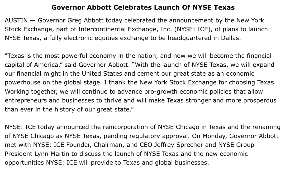 GovAbbottPress's tweet image. BIG news!

The @NYSE is launching NYSE Texas, a fully electronic equities exchange, headquartered in Dallas.

Texas will be the financial capital of America.

More: bit.ly/4aZ5EeJ