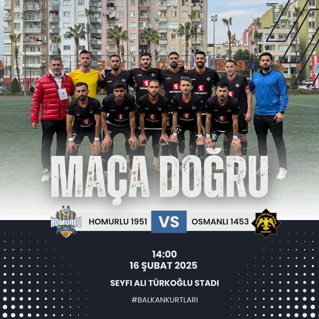 MAÇA DOĞRU 😉

🏆 Bölgesel Amatör Lig 6.Grup 18. Hafta
🆚 Osmanlı 1453 Spor kulübü 
🗓 16.02.2025 Pazar
🕤 14:00
📍 Seyfi Ali Türkoğlu Stadyumu 

#HEPDESTEKTAMDESTEK💪
#BALKANKURTLARI🐺