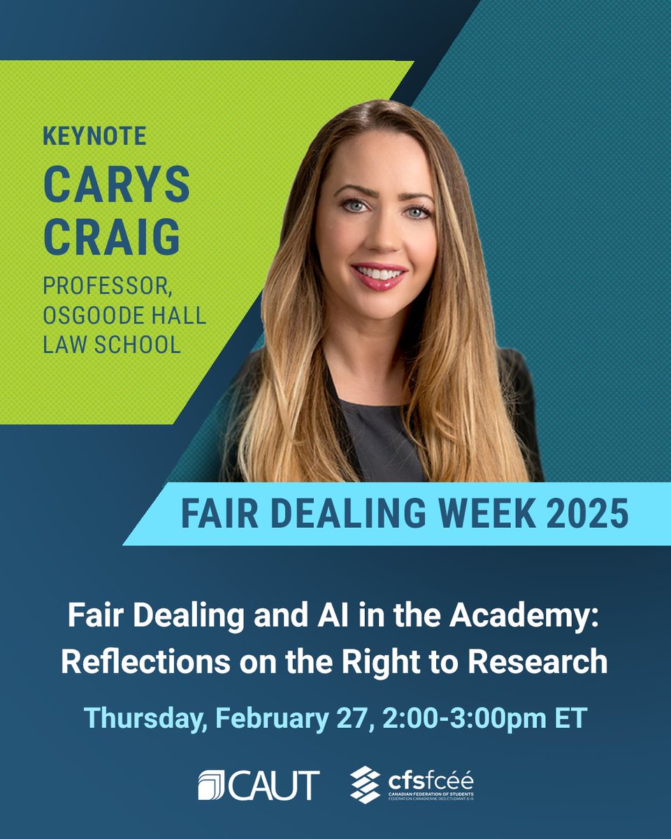 Fair Dealing Week is right around the corner! Join us on Feb. 27 to learn more about fair dealing and AI in the academy from legal scholar and copyright and artificial intelligence expert Carys Craig.  

Register now: us06web.zoom.us/webinar/regist…