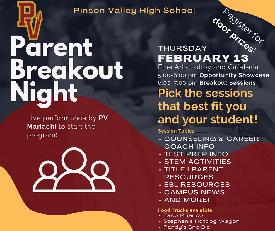 Pinson Valley High School (@pvhigh) on Twitter photo π Pinson Valley High
π 5-7 pm
βοΈ Student Opportunity Showcase
πͺ PV Mariachi performance
π¨βπ Senior & Career Coach Info
π¦ Freshman Info
π Test Prep info
βοΈ STEM kits
π« Title I resources
π²π½ ESL info
π Take-home resources
π Door prizes
π Food trucks
<a href="/JEFCOED/">Jefferson County Schools</a> π Pinson Valley High
π 5-7 pm
βοΈ Student Opportunity Showcase
πͺ PV Mariachi performance
π¨βπ Senior & Career Coach Info
π¦ Freshman Info
π Test Prep info
βοΈ STEM kits
π« Title I resources
π²π½ ESL info
π Take-home resources
π Door prizes
π Food trucks
<a href="/JEFCOED/">Jefferson County Schools</a>