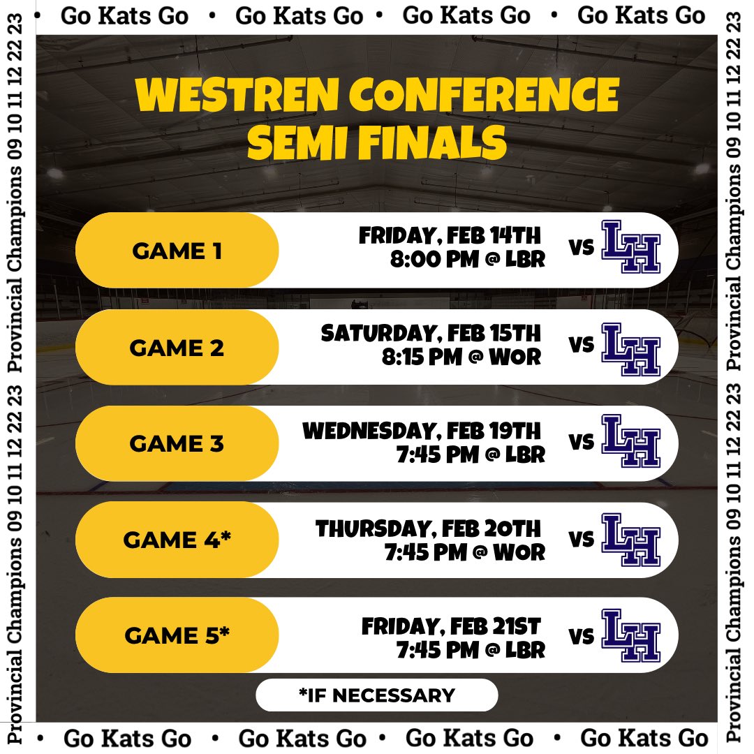 📣Playoff Time📣 

The first round of the Western Conference gets under way Friday. Your Riverview Ford Black Kats will face off against the Leo Hayes Lions in a Battle of the bridge playoff style. Here is our schedule in the first to 3 wins. Let’s support your Black Kats!!