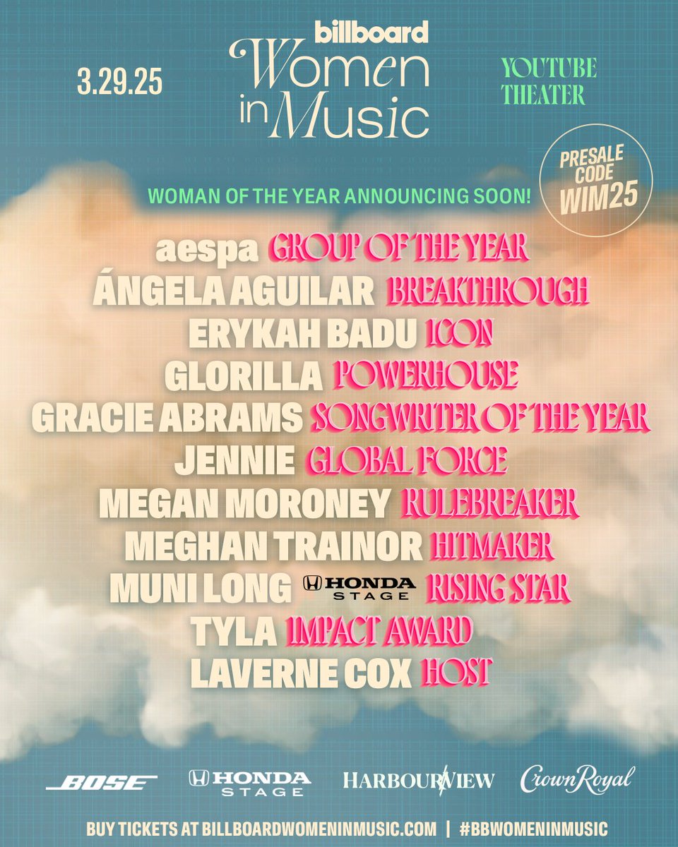 .<a href="/jennierubyjane/">JENNIE</a> will be receive the GLOBAL FORCE award at #BBWomenInMusic 2025 on March 29 at <a href="/youtubetheater/">YouTube Theater</a> in Los Angeles 🌏

Limited presale tickets are available starting today at 10am PT using code WIM25: billboardwomeninmusic.com

General sale begins Thursday, Feb. 13.