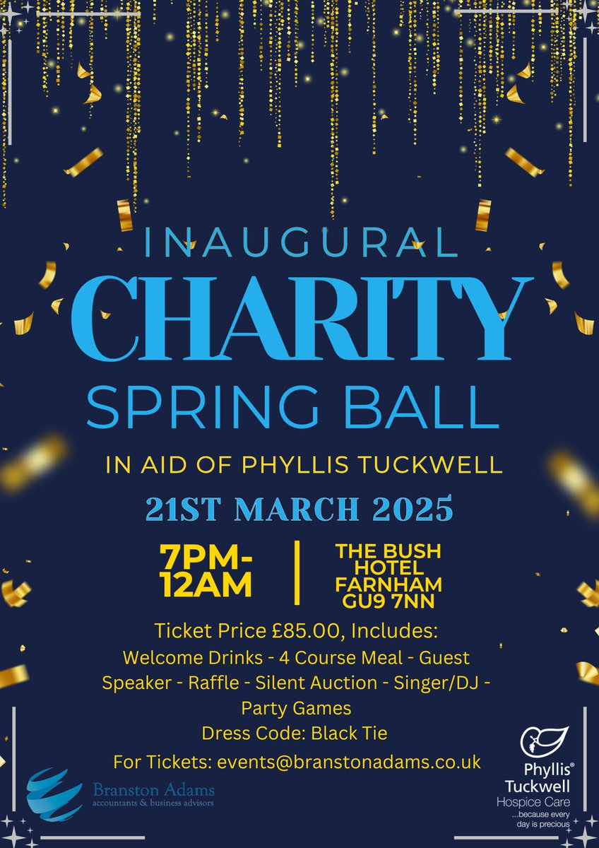 The countdown is on.....
Tickets are selling!!!
Please contact us up reserve your seats!
📷📷 Welcome to our First Ever Charity Spring Ball! 📷📷
📷 Date: 21st March 2025
📷 Location: The Bush Hotel, Farnham, GU9 7NN
📷 Dress Code: Black Tie
📷 Ticket Price: £85