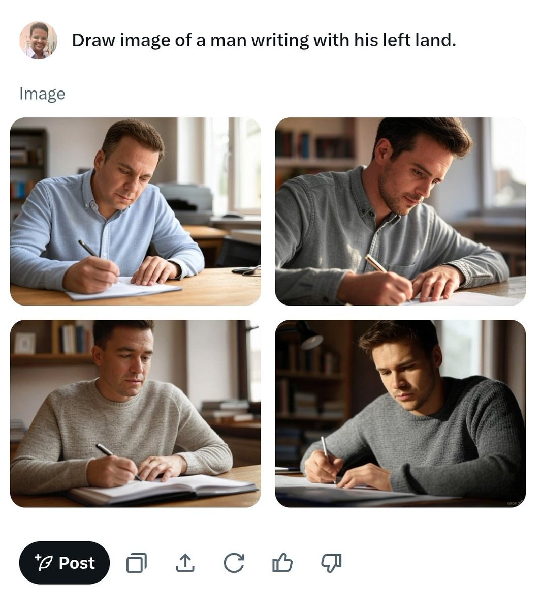 devashishs90's tweet photo. Wah Modiji Wah!!! 😀😂😂

AI really cannot draw people writing with their left hand. https://t.co/Zn8i6OS5bb