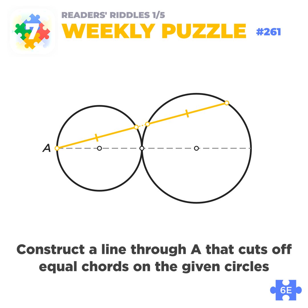 euclidea_app's tweet image. #euclidea_puzzle_261 #euclidea 

🎓 Two given circles have a common point of tangency. Construct a line through the end of their common diameter (point A) that cuts off equal chords on them. Try to do this in 6 moves.

(this task was inspired by Jane Summer 🙏)

#math #geometry